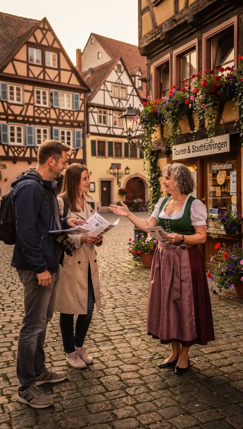 Lokaler Reiseführer erklärt Touristen die Sehenswürdigkeiten in einer deutschen Stadt